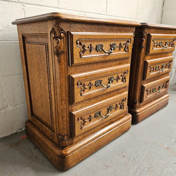 Hard to find Louis XVI style French Oak bedsides with three drawers and lovely carvings. They are in good original detailed condition. 