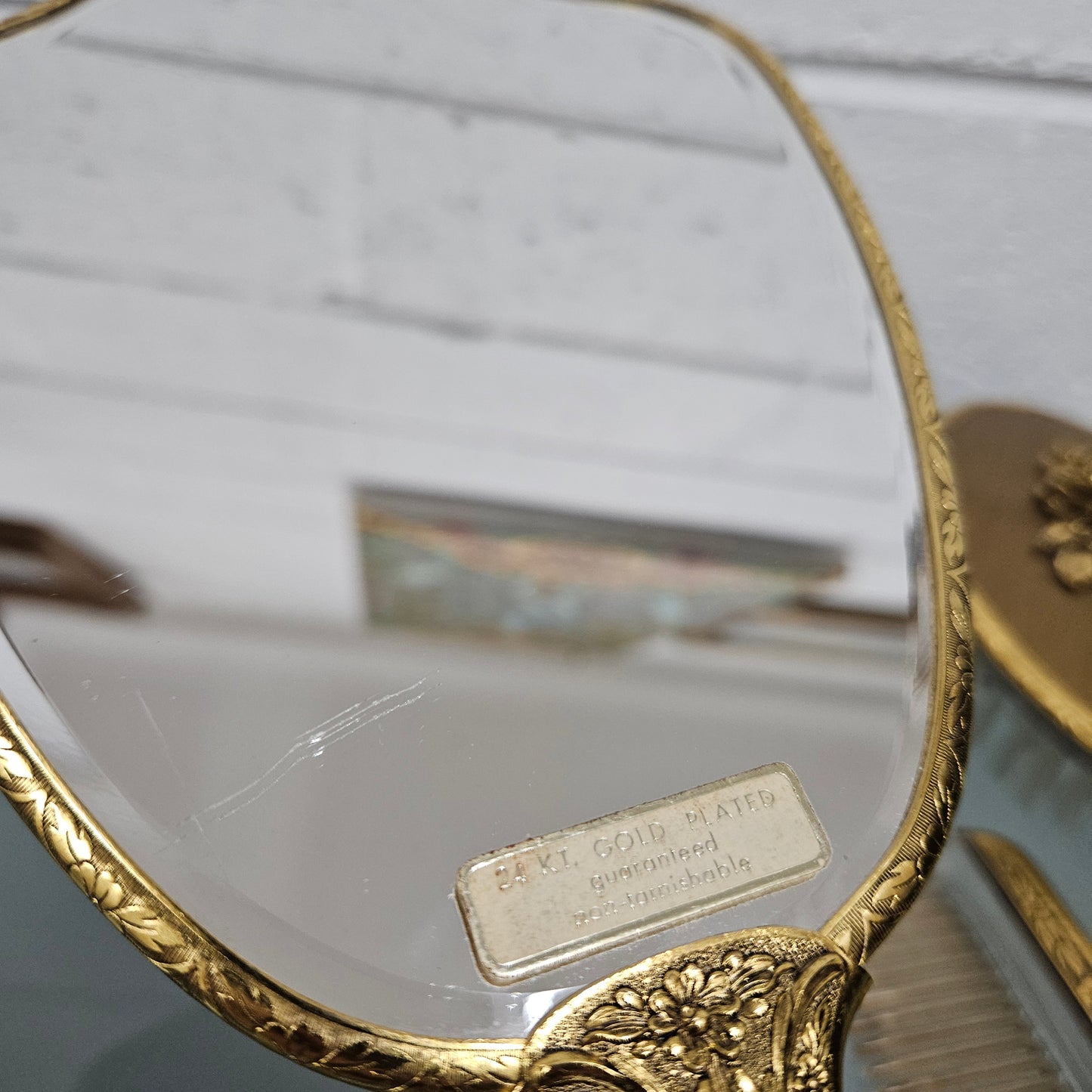 Gilt Brass Brush Mirror & Comb Set