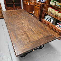 Vintage Elm Wood Spanish Style Refectory Table Wrought Iron Base | Antique & Vintage | Moonee Ponds Antiques | Australia Wide Delivery