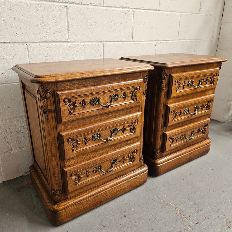 Hard to find Louis XVI style French Oak bedsides with three drawers and lovely carvings. They are in good original detailed condition. 