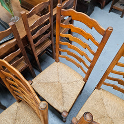 Vintage Set 8 Beech Ladderback Rush Seated Dining Chairs