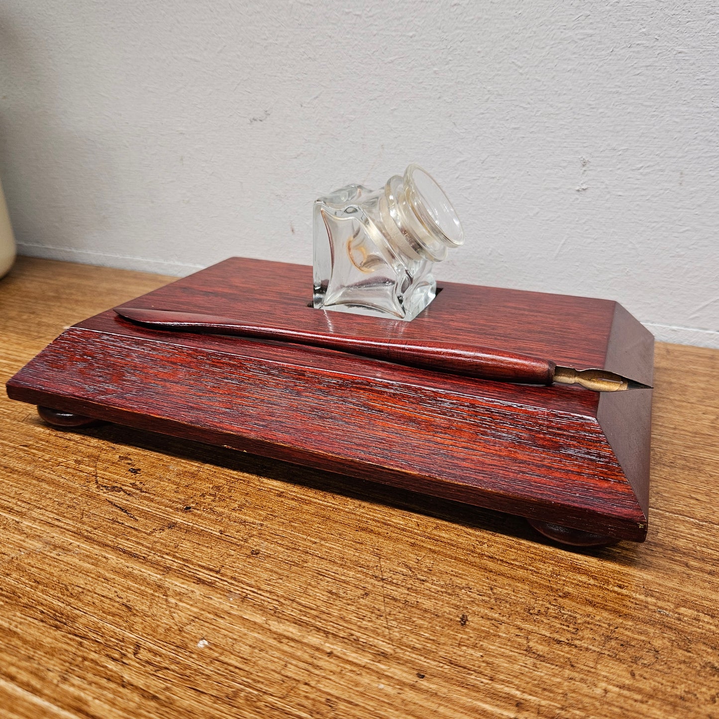 Antique Mahogany Ink Stand With Pen