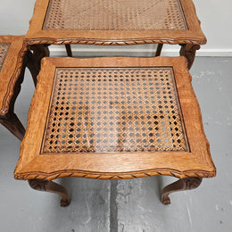French Oak Three Piece Nest of Tables With Cane Inserts