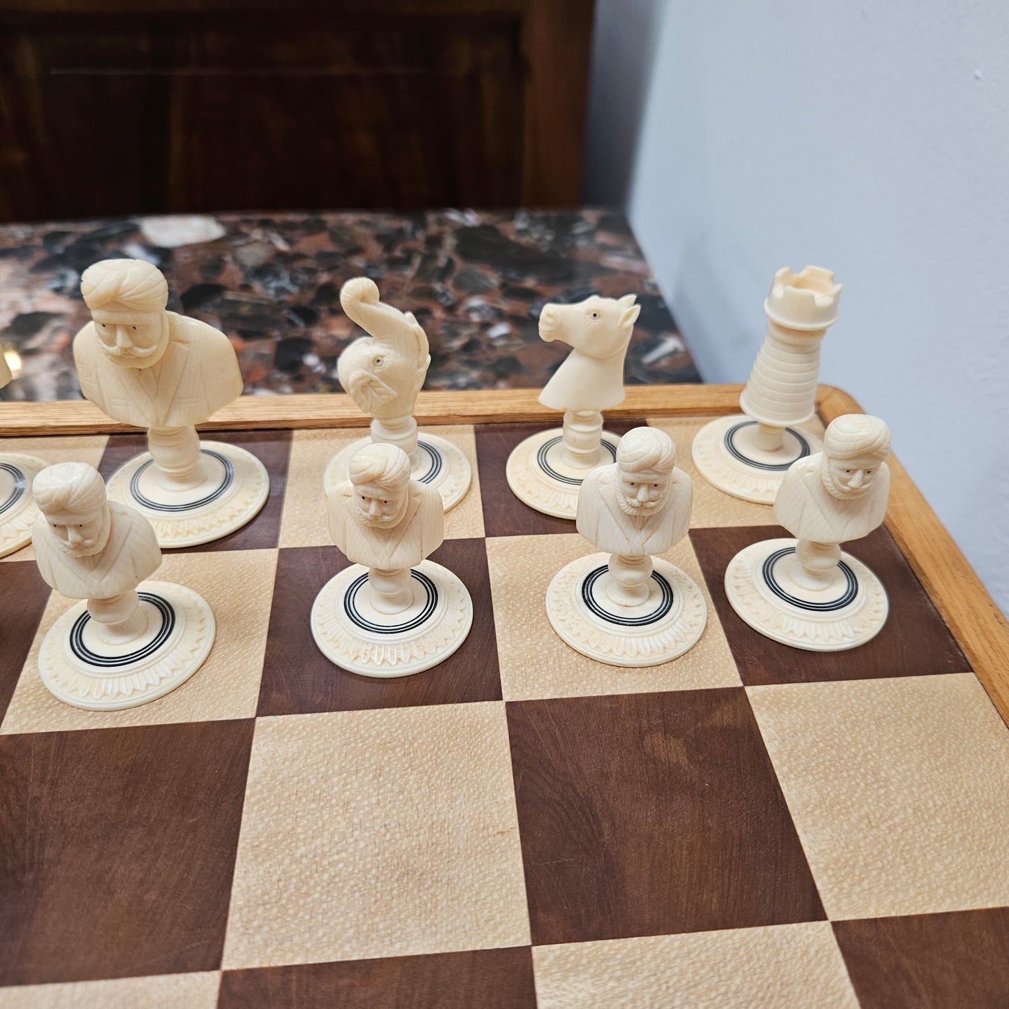 Antique Carved & Stained Ivory Chess Set