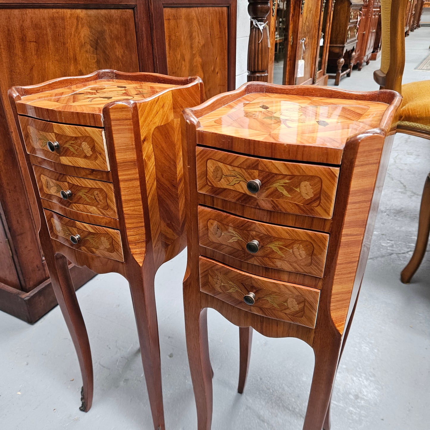 Miniature Pair of Marquetry Inlaid Louis XV Style Bedsides