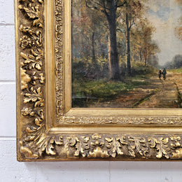 Signed oil on canvas "forest landscape with figures" in a highly ornate gilt frame. Sourced from France and in good original detailed condition. Please see photos as they form part of the description and condition.
