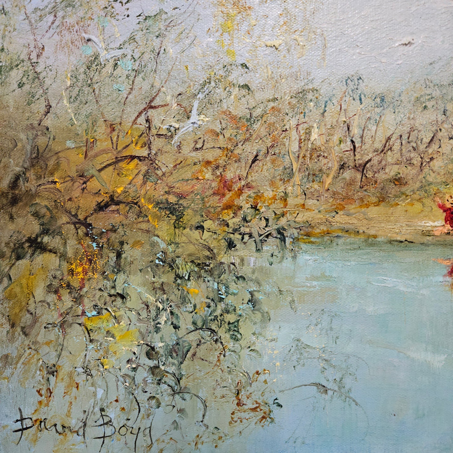 David Boyd Oil on Canvas "Children playing by the River with Birds"