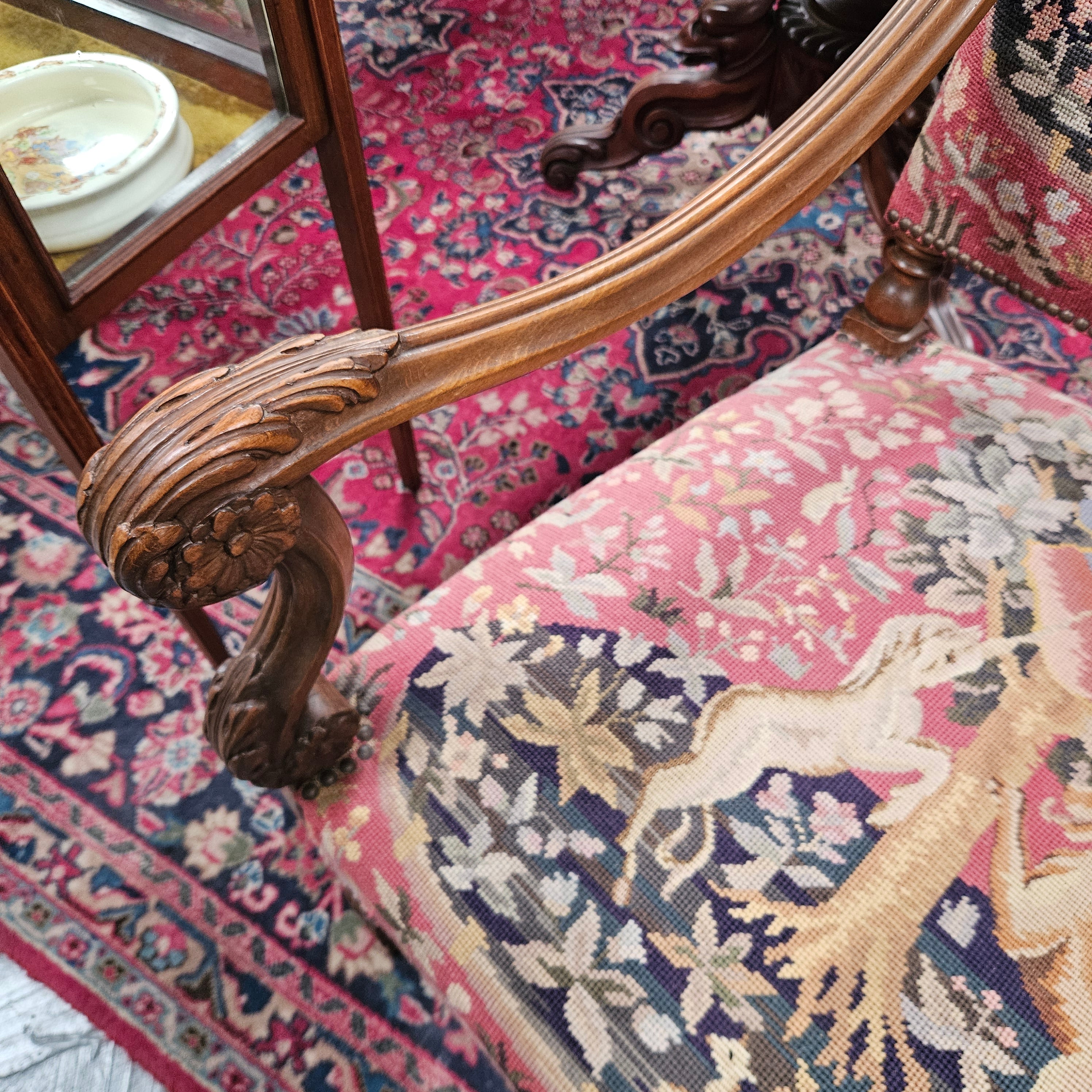 French 19th Century Walnut & Tapestry Fireside / Throne Chair | Antique & Vintage | Moonee Ponds Antiques | Australia Wide Delivery