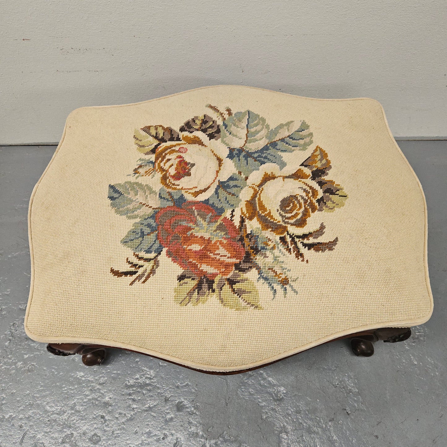 French Mahogany Louis XV Style Footstool With Floral Tapestry