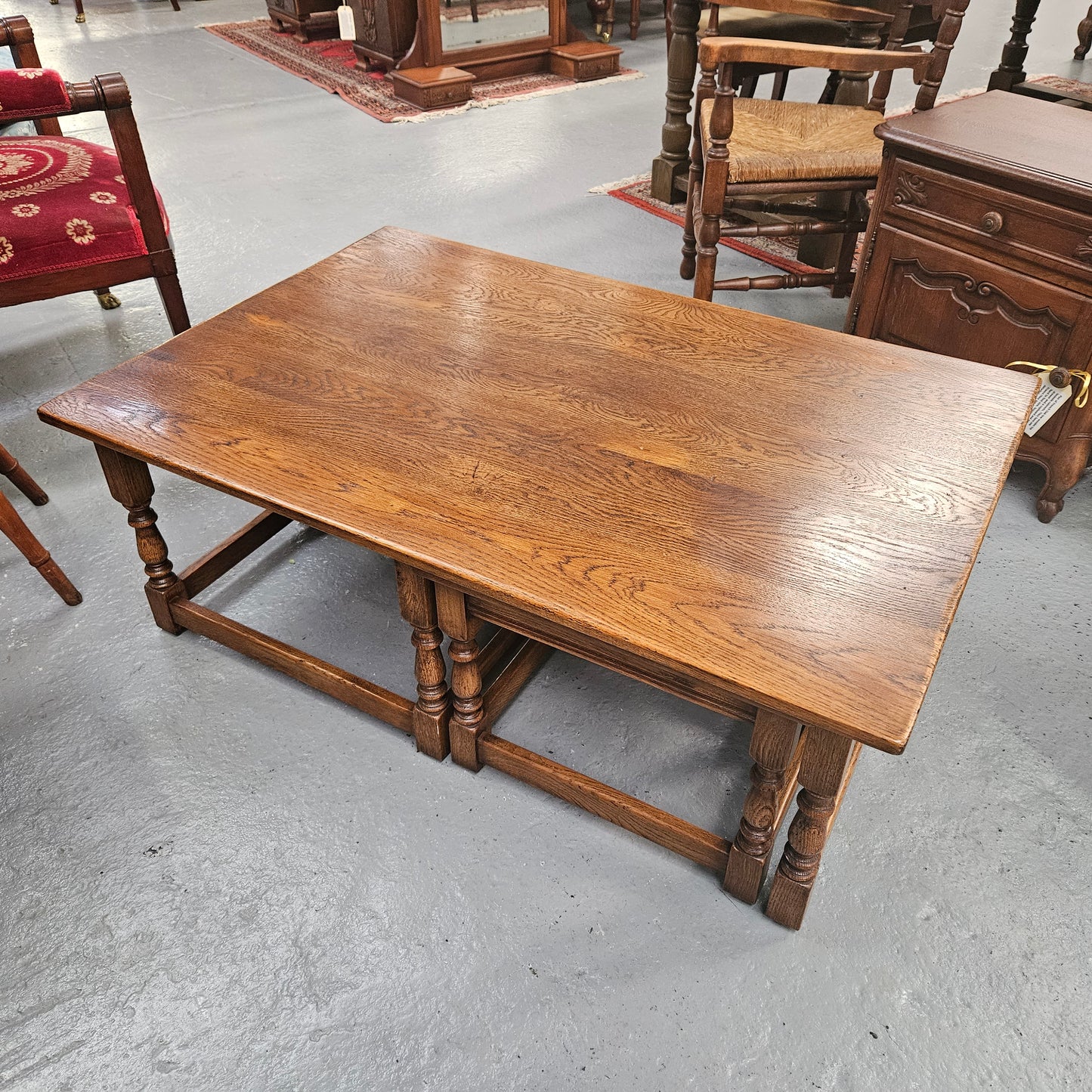 Large Period Style French Oak Coffee Table With Two Pull Out Side Tables