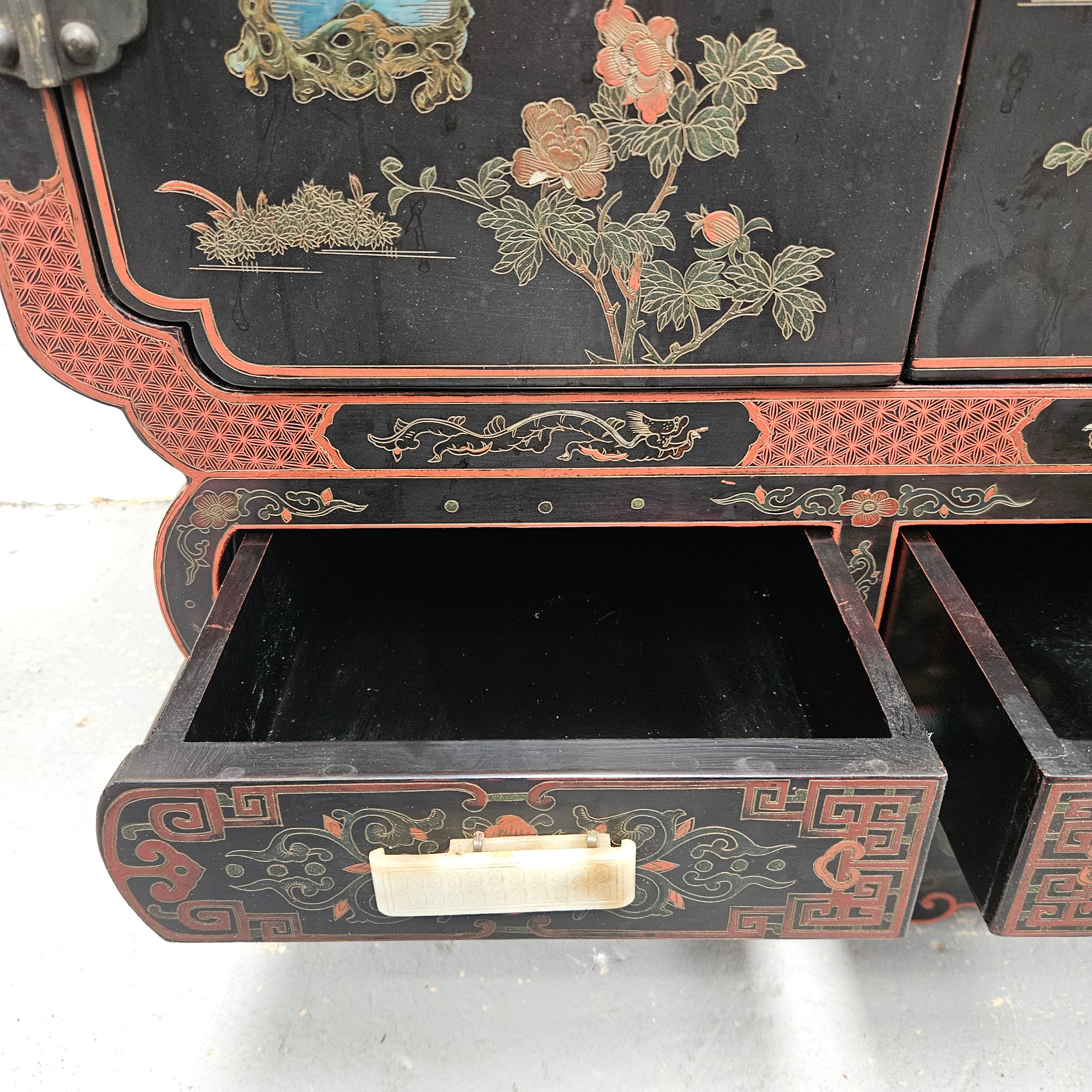 High Quailty Ebonised Chinese Cabinet with Jade Handel's & Handel's Painted | Antique & Vintage | Moonee Ponds Antiques | Australia Wide Delivery