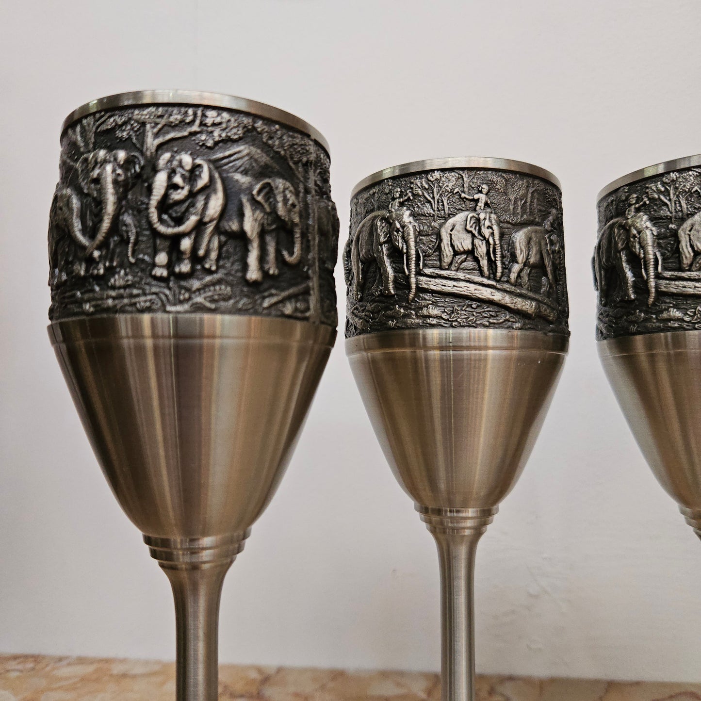 Vintage Pewter Elephants Goblets Set of Four