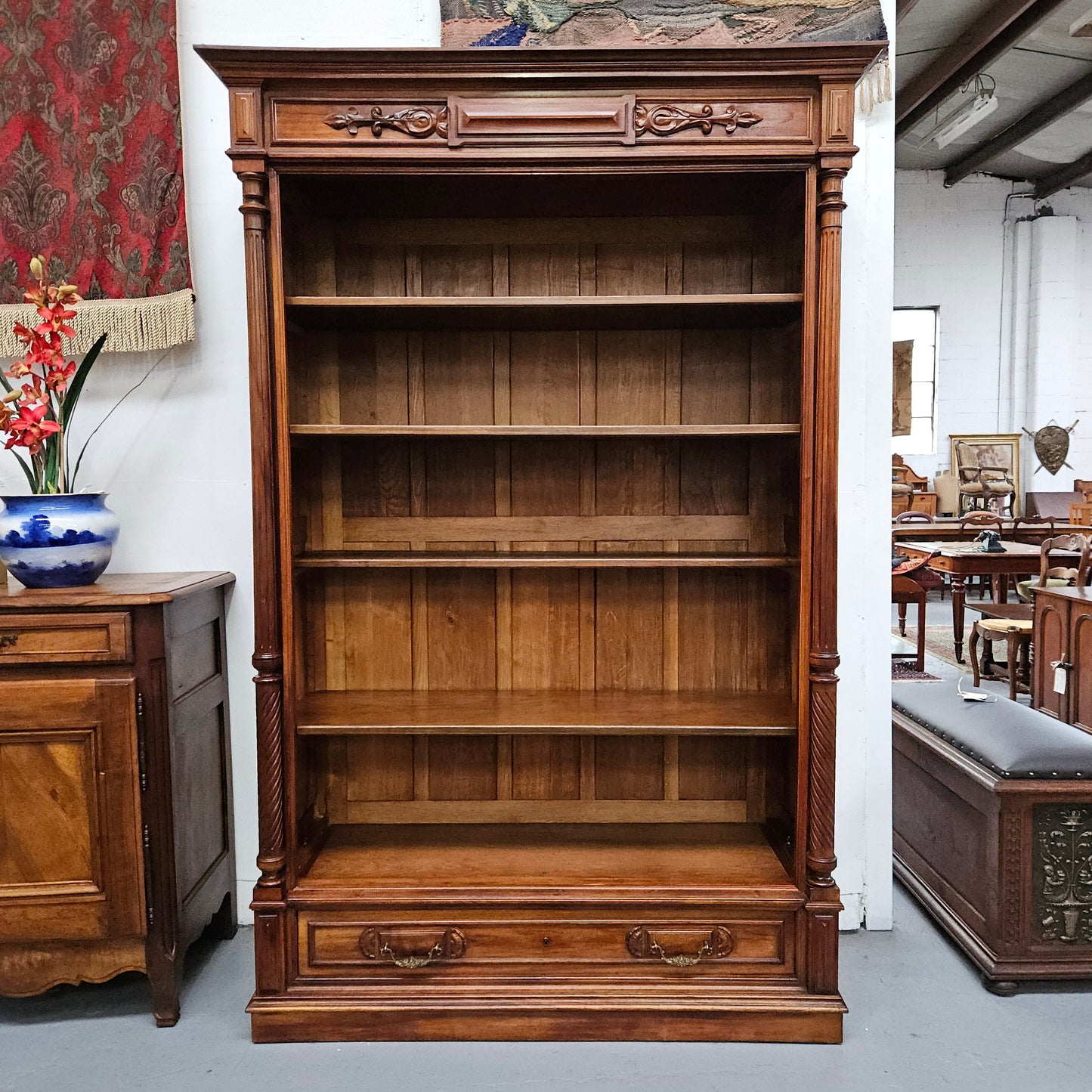 Henry 2nd Style 19th Century Walnut Open Bookcase With Drawer