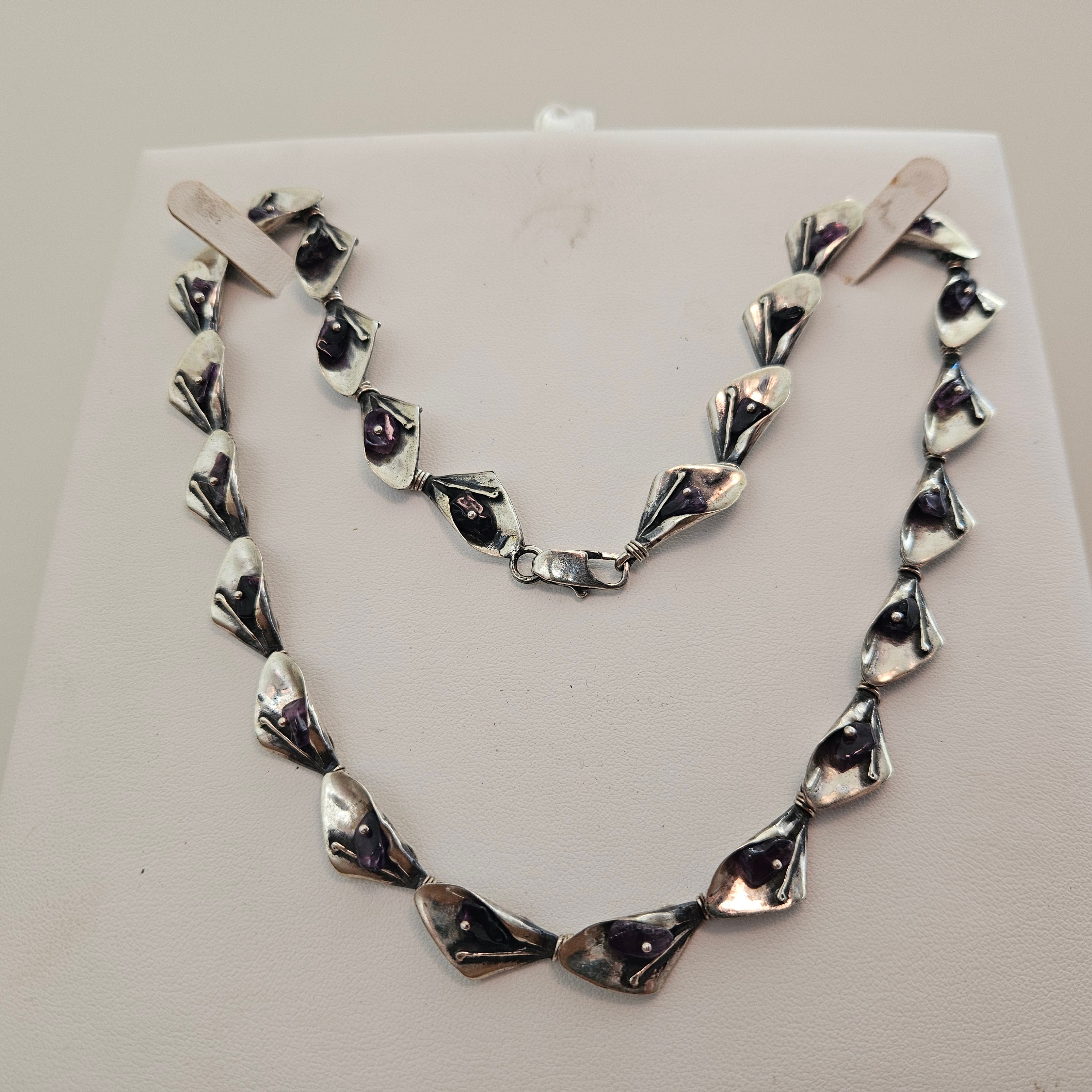 Vintage Sterling Silver Leaf Link And Amethyst Necklace