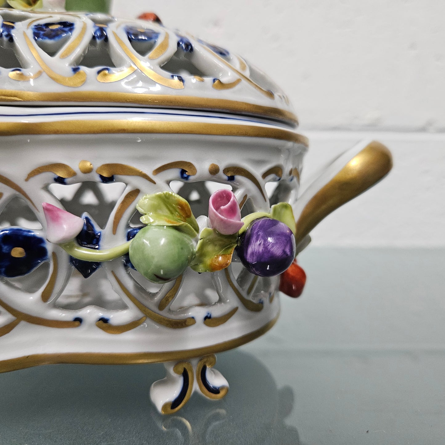 Vintage Servre Style Potpourri Holder With Fruit & Insects