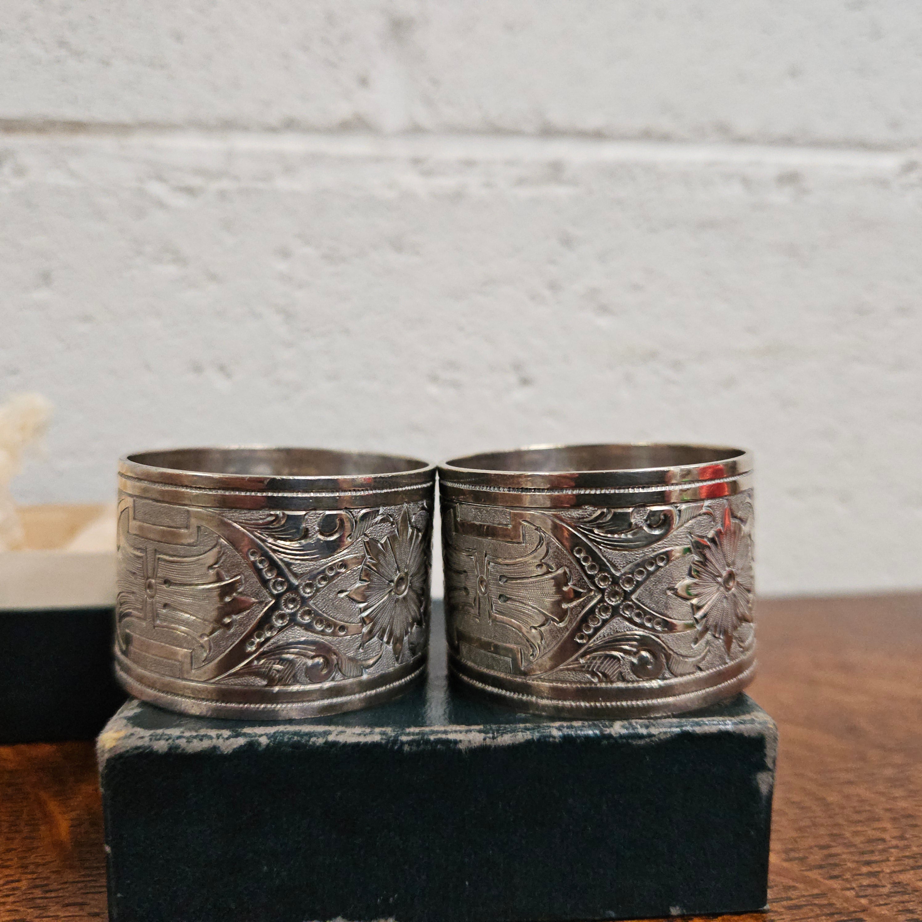 Pair Antique Engraved Silver Plated Serviette Rings | Antique & Vintage | Moonee Ponds Antiques | Australia Wide Delivery
