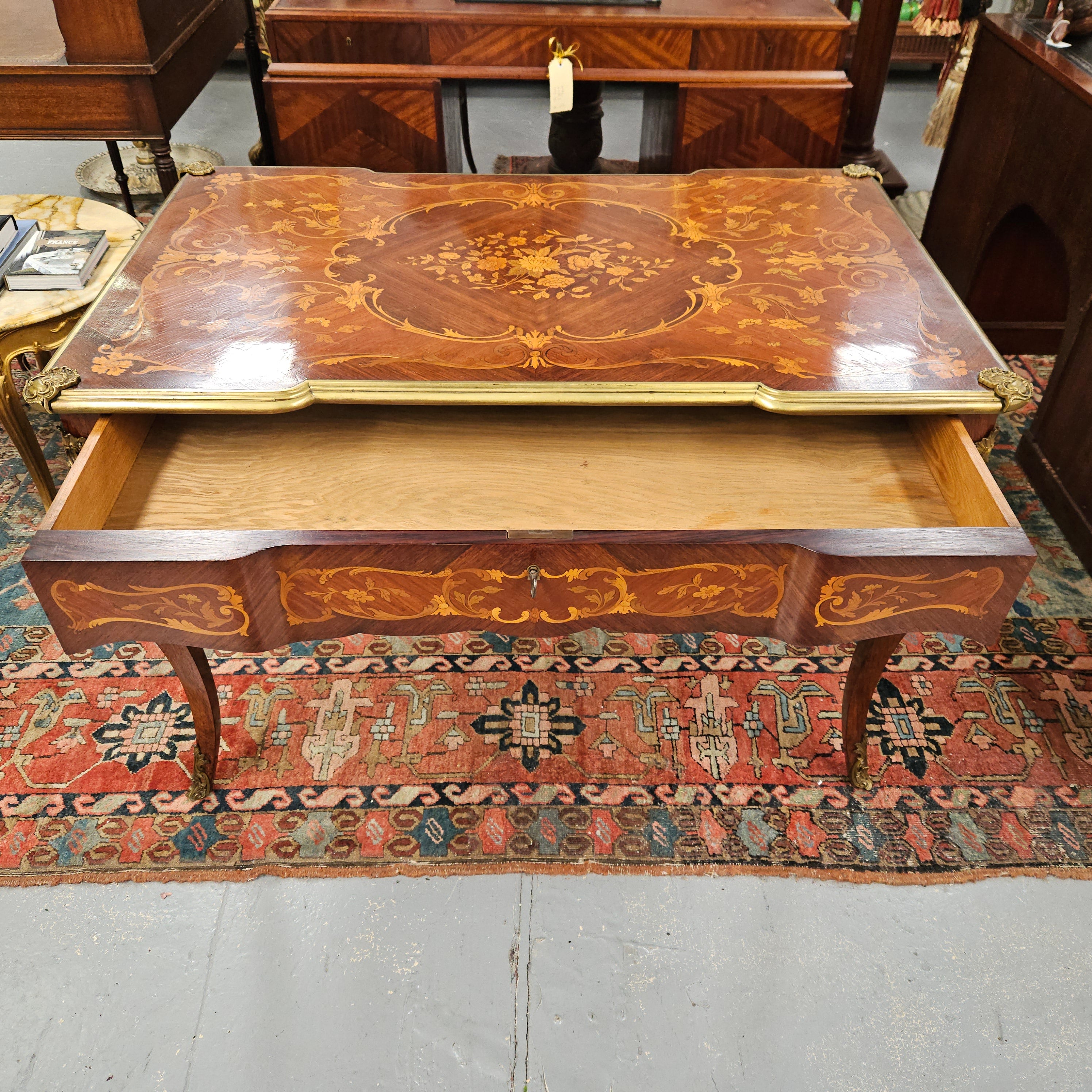 Rosewood Louis 15th Style Marquetry Inlaid Bureau Plat Desk | Antique & Vintage | Moonee Ponds Antiques | Australia Wide Delivery