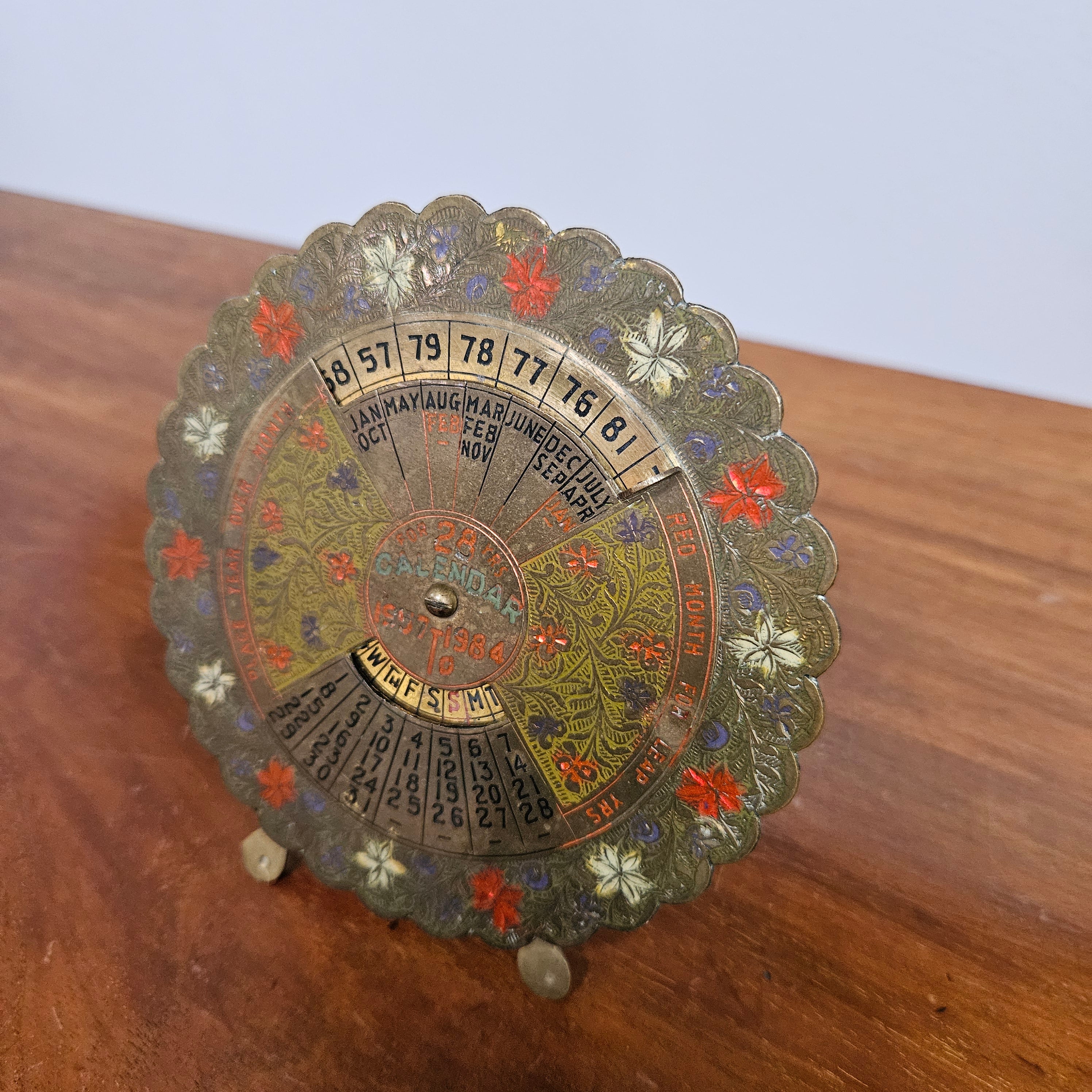 Vintage Embossed Brass Perpetual Calendar on Stand