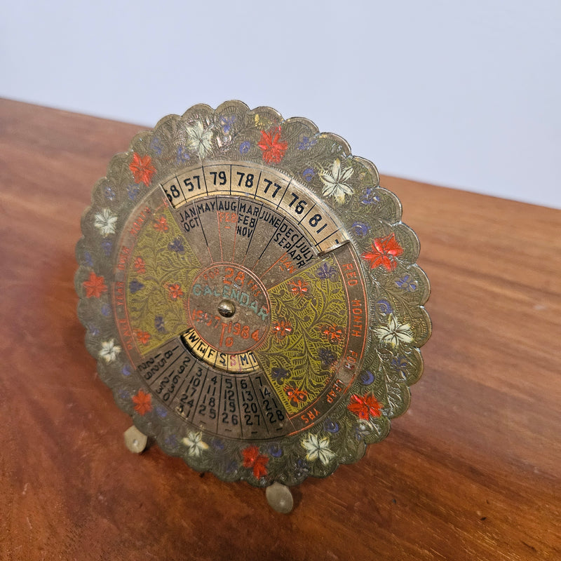 Vintage Embossed Brass Perpetual Calendar on Stand