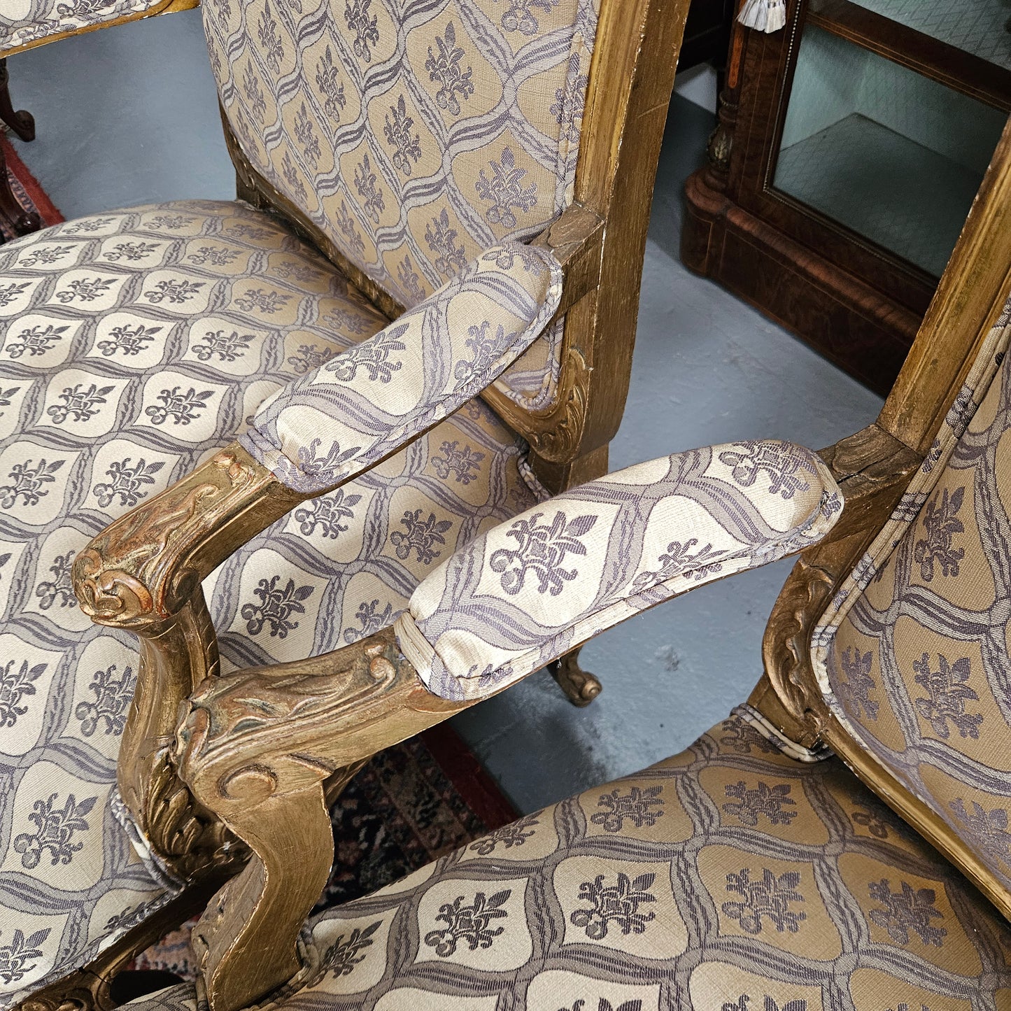 Antique Pair Reupholstered Louis XVth Style Giltwood Armchairs