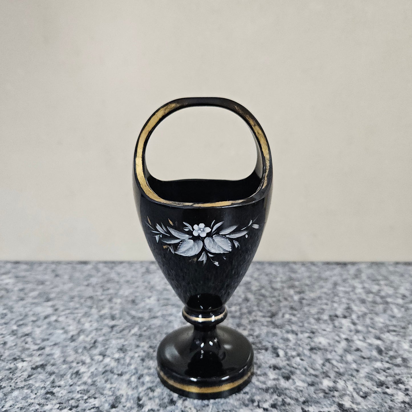Victorian Enamel Black Glass Basket Vase