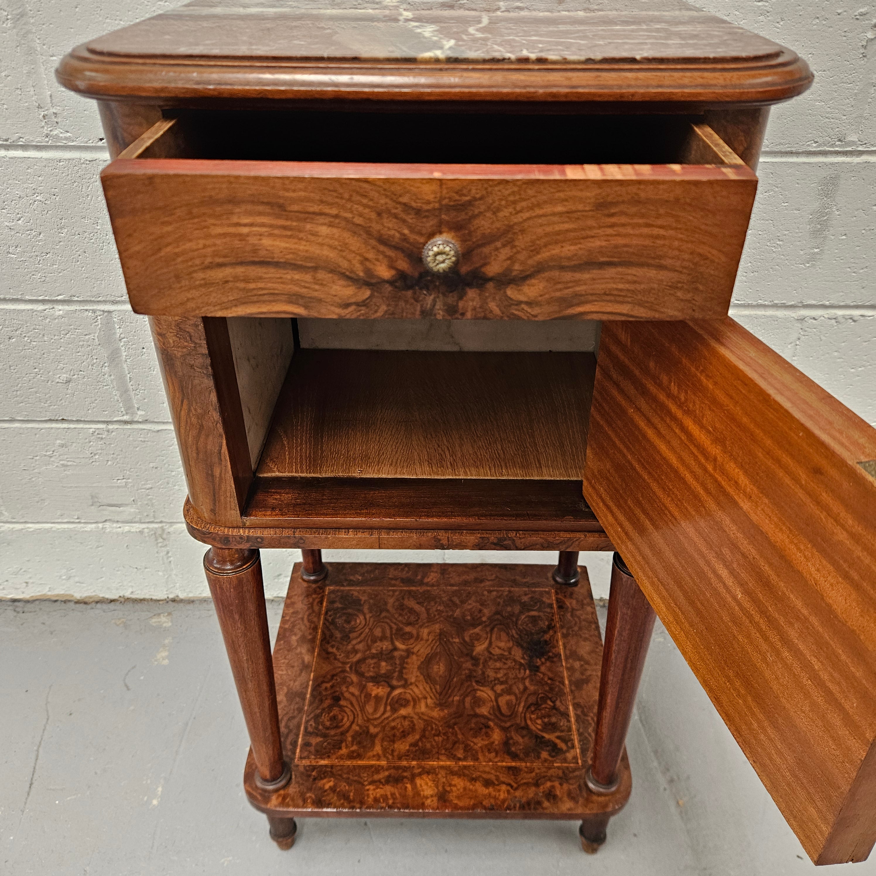 French Figured Walnut Marble Top Bedside | Antique & Vintage | Moonee Ponds Antiques | Australia Wide