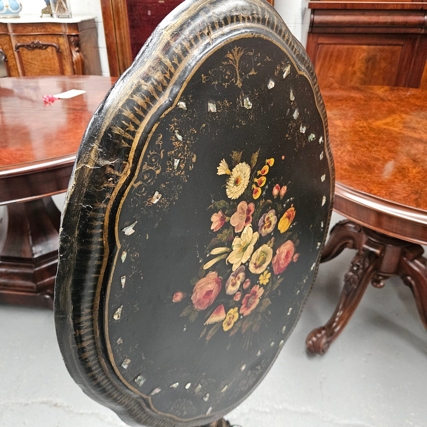 Victorian Tilt Top Paper Mache Inlaid & Hand Painted Table