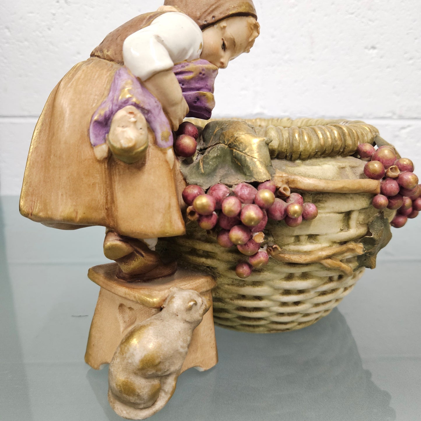 Antique Amphora  Bowl with Girl & Cat & Doll