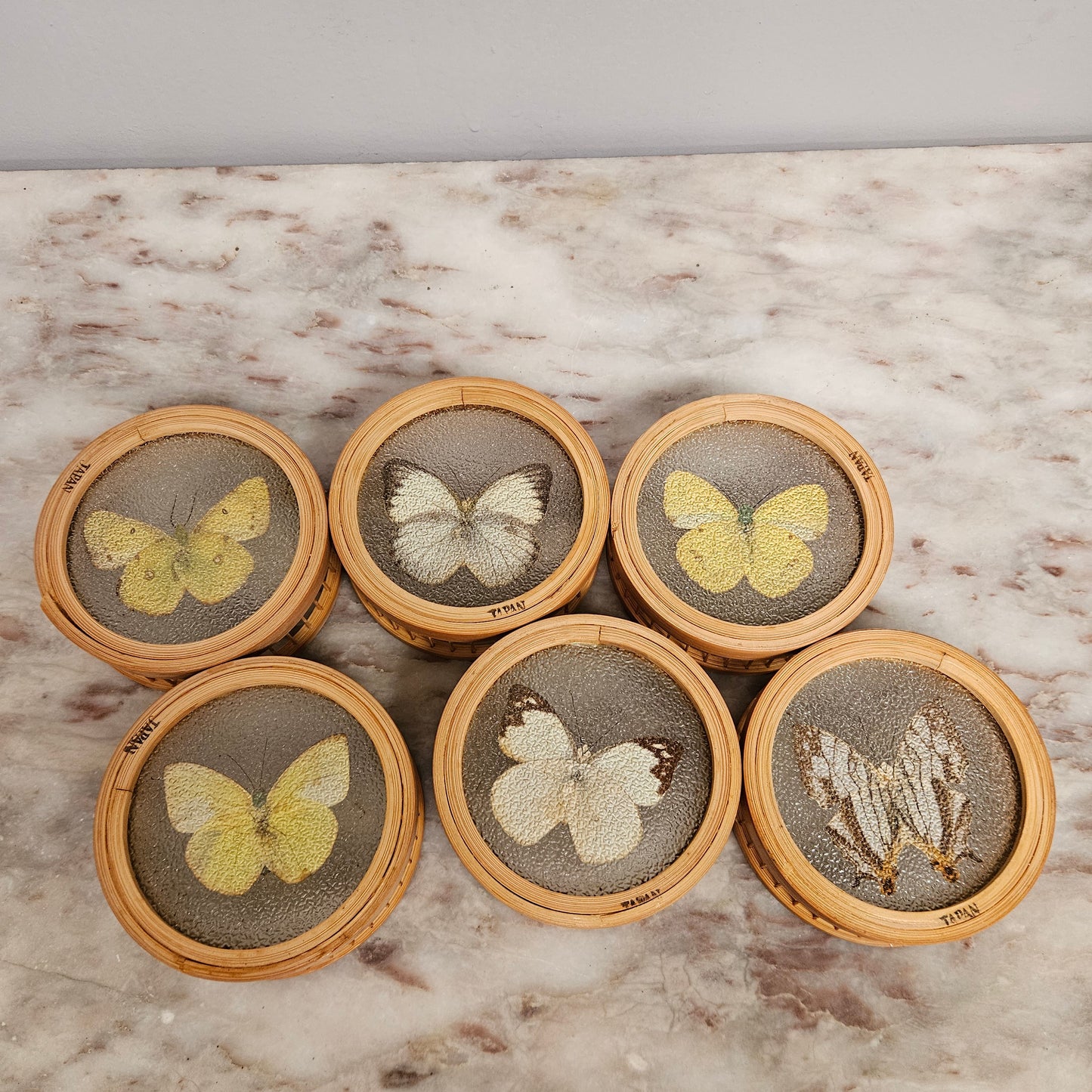 Vintage Set of Six Pressed Butterfly Coasters