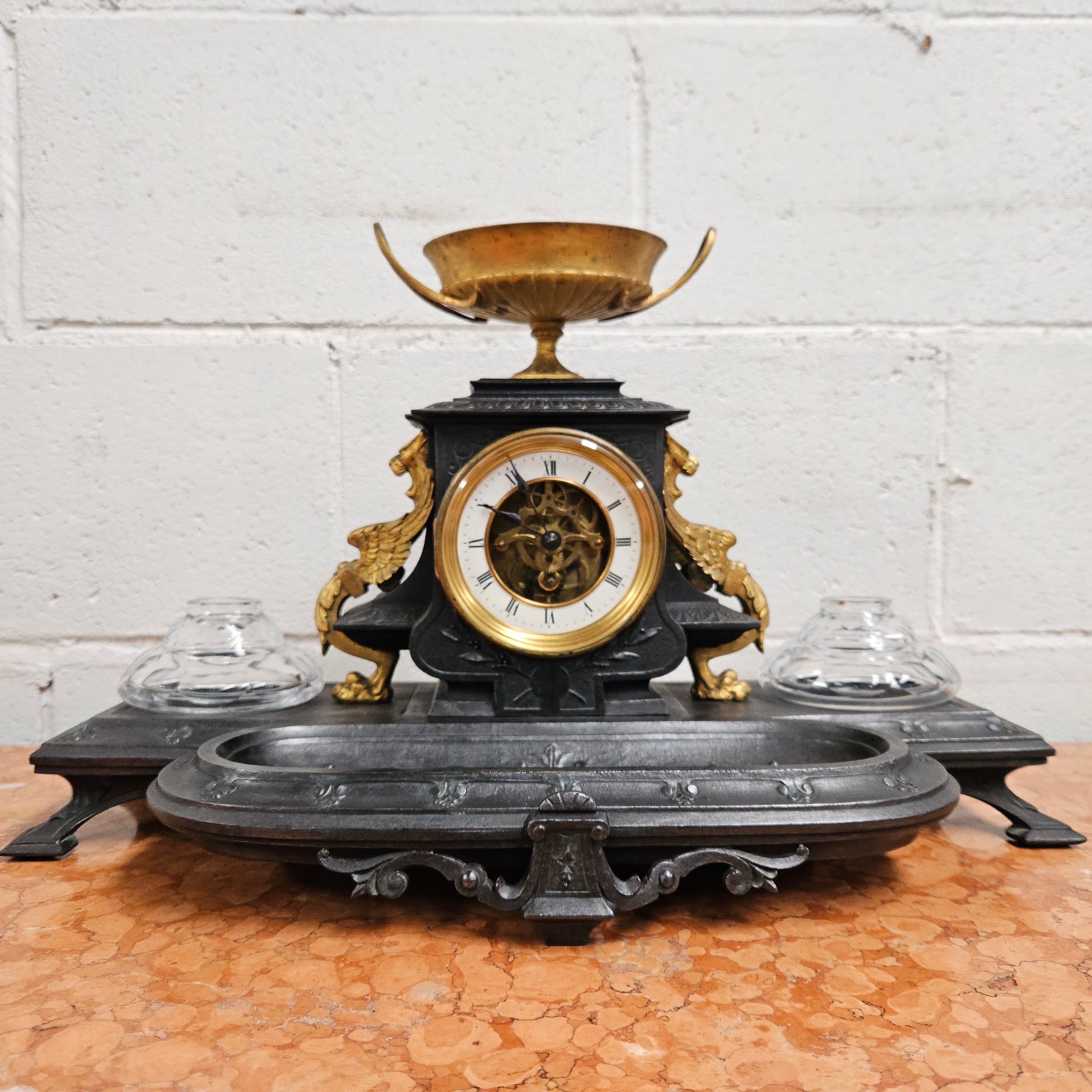 French Desk Clock With Inkwells | Antique & Vintage | Moonee Ponds Antiques | Australia Wide Delivery