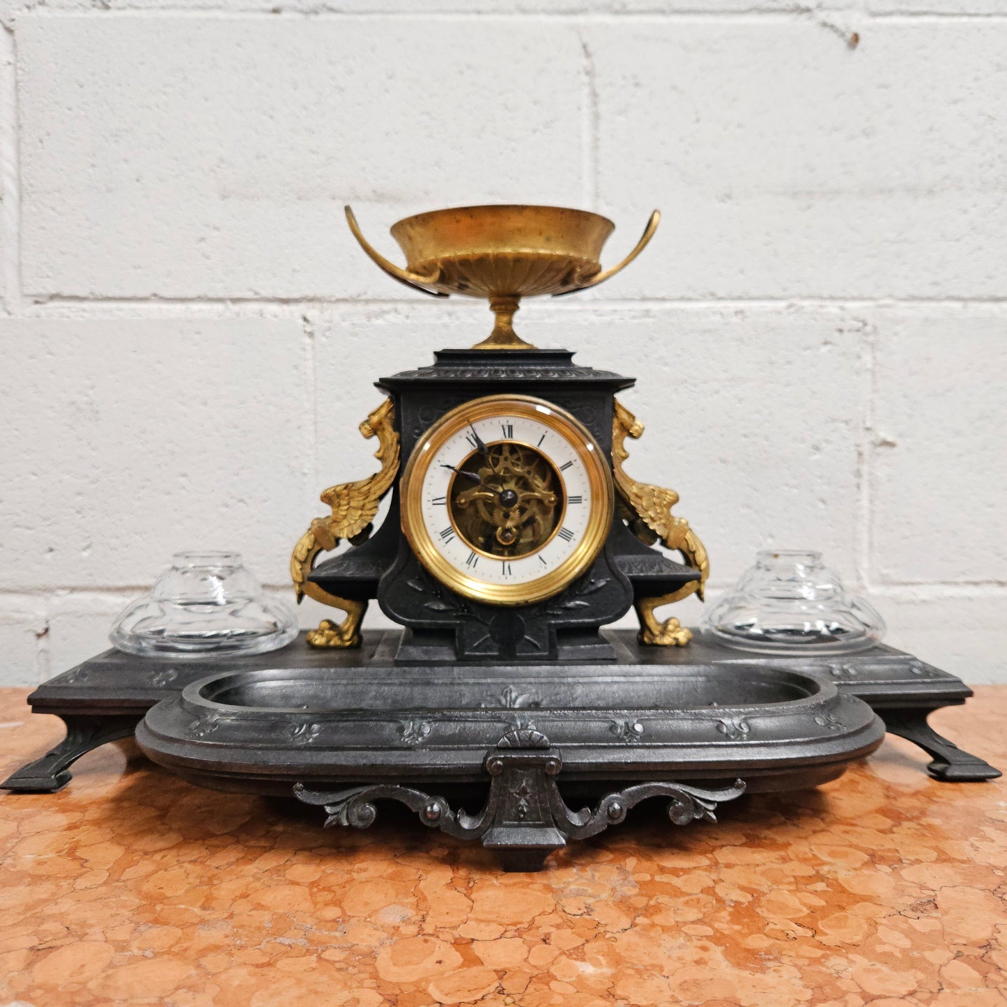 French Desk Clock With Inkwells