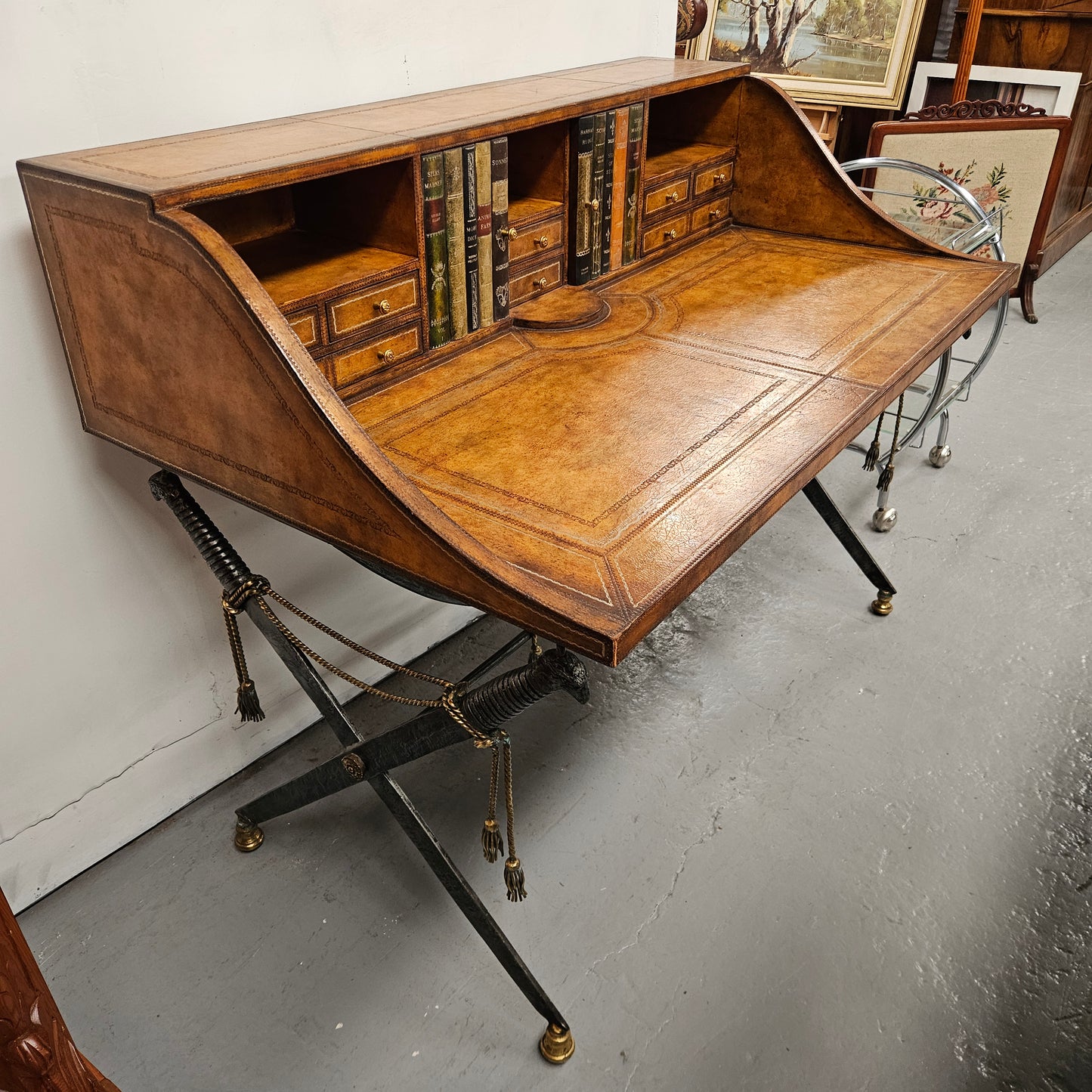 Spanish Empire Style Leather, Iron & Brass Desk