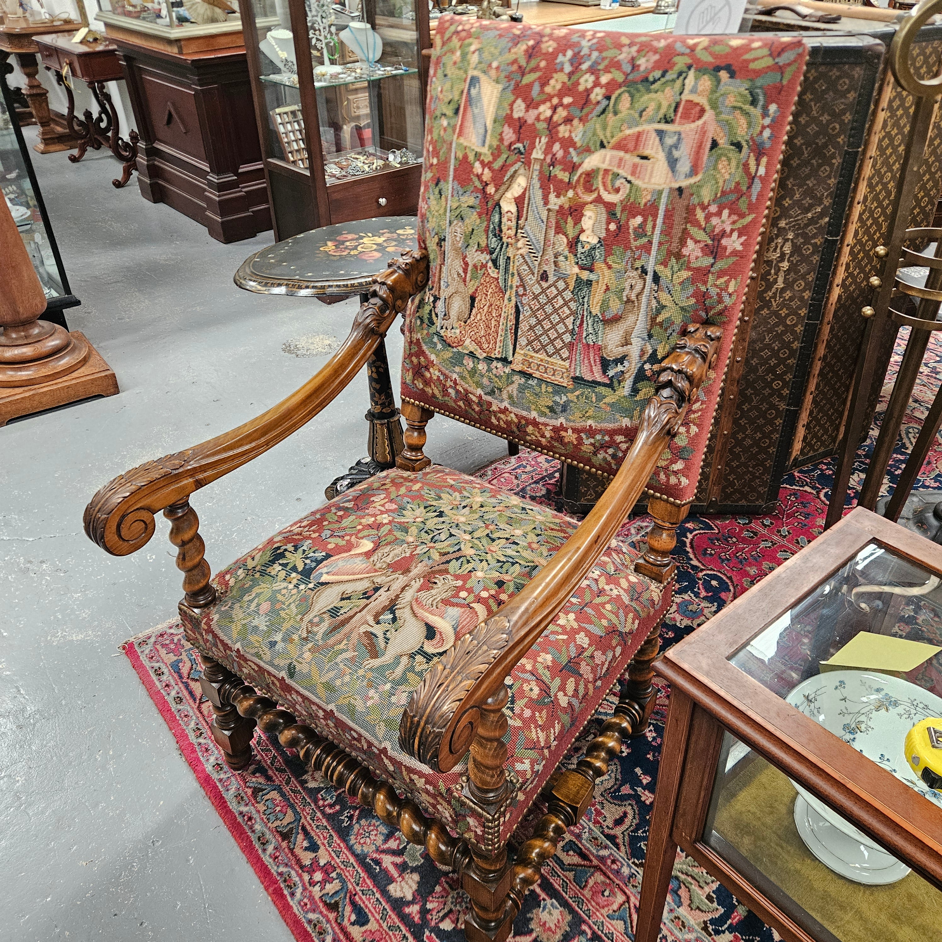 19th Century French Carved Walnut & Tapestry Fireside/Throne Chair | Antique & Vintage | Moonee Ponds Antiques | Australia Wide Delivery