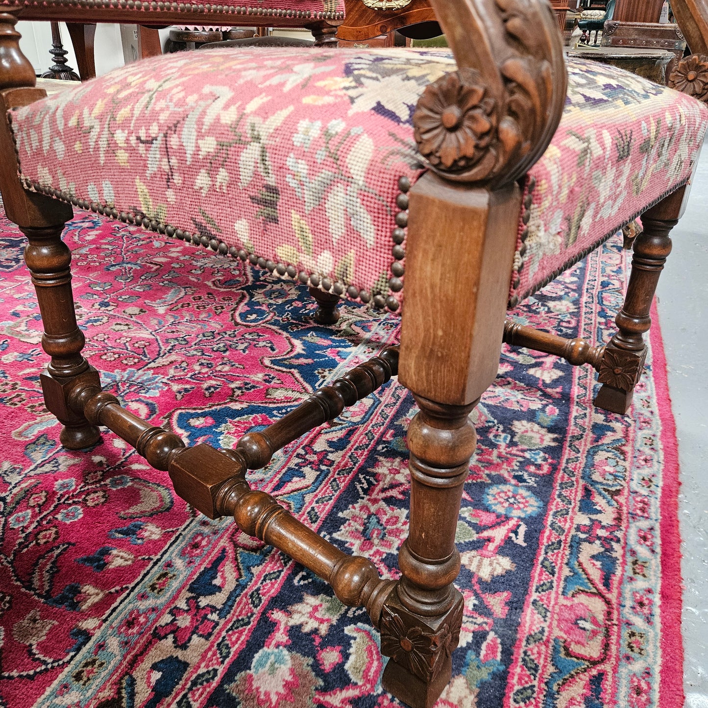 French 19th Century Walnut & Tapestry Fireside / Throne Chair