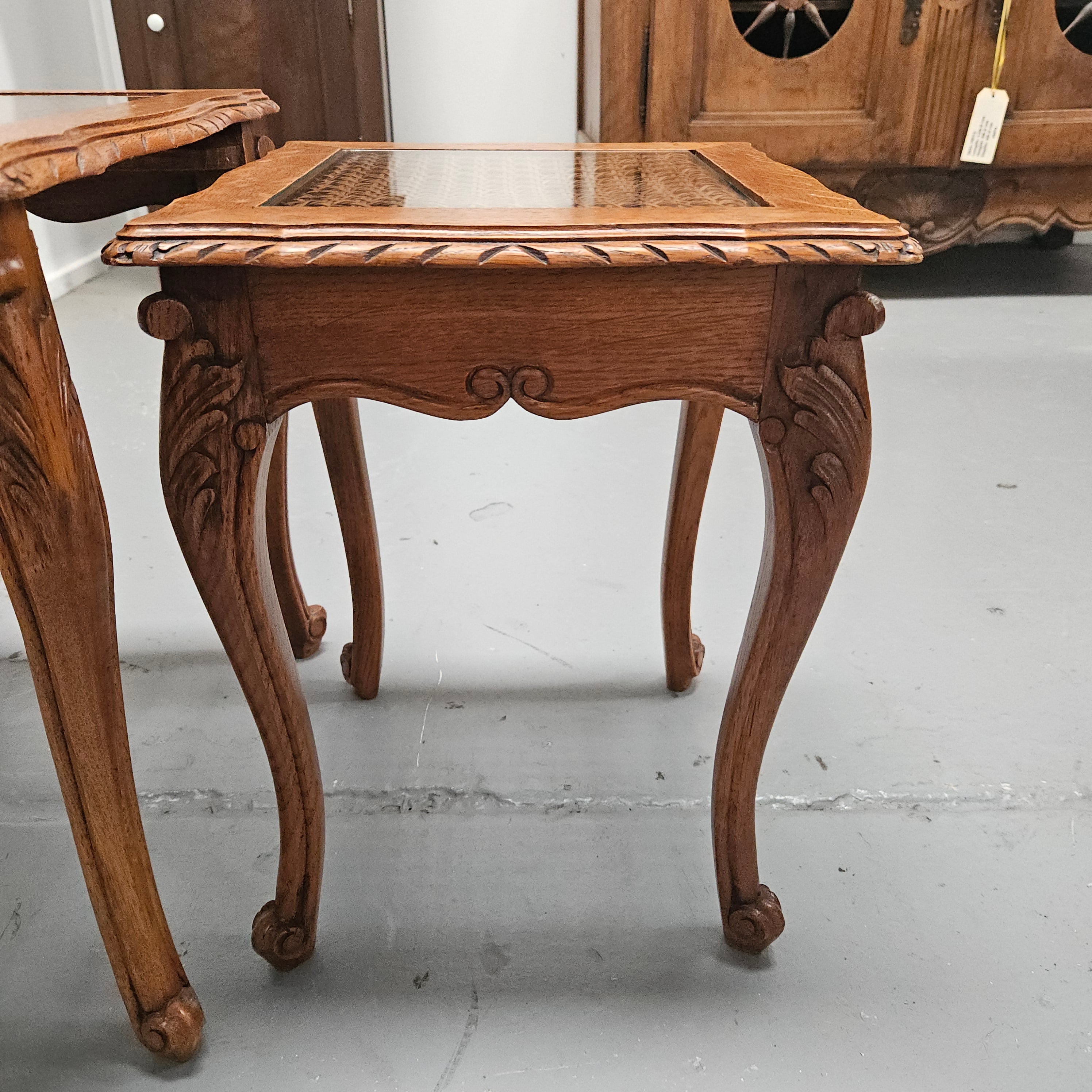 French Oak Three Piece Nest of Tables With Cane Inserts