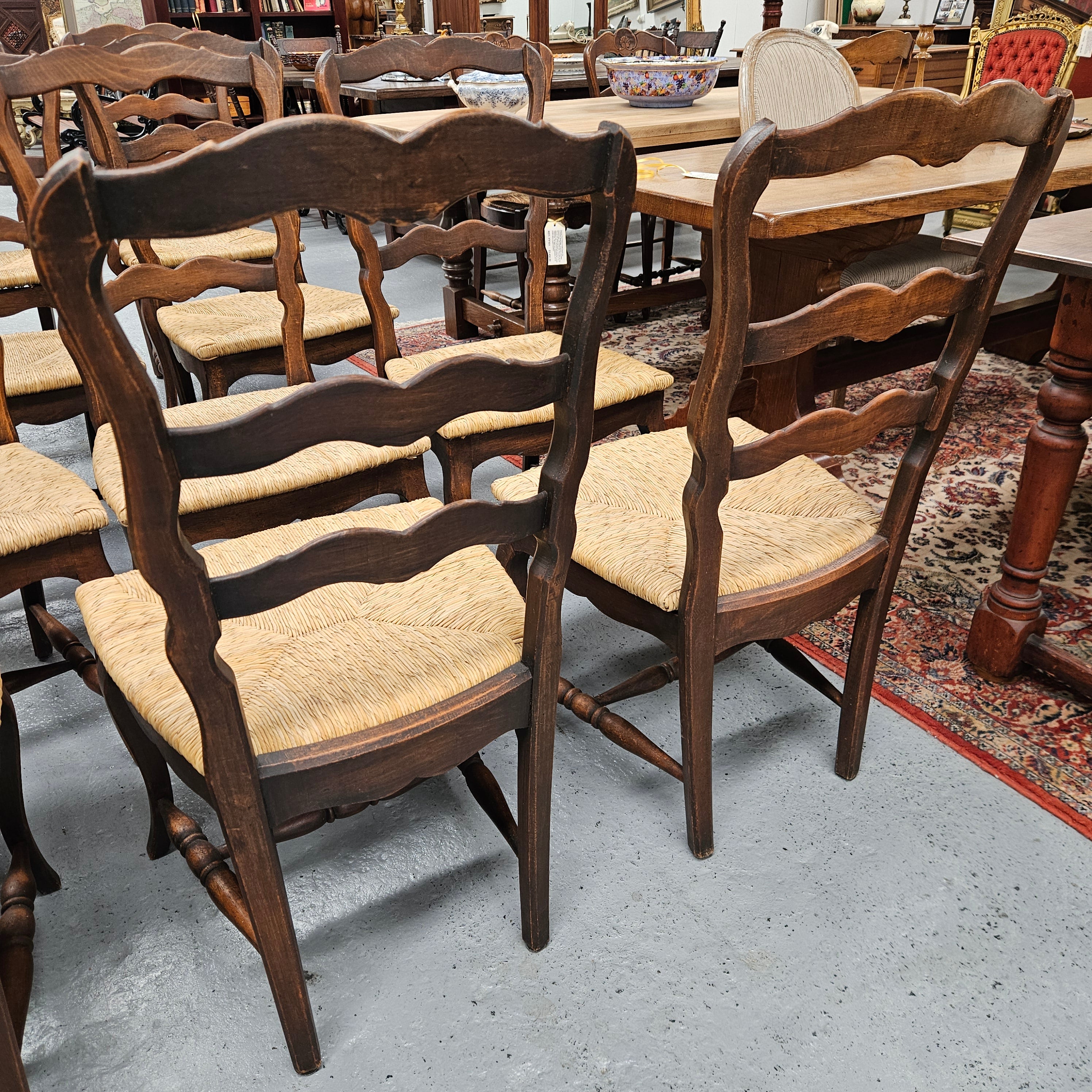 Set of Ten French Oak Rush Seats 8 Dining Chairs & 2 Carvers | Antique & Vintage | Moonee Ponds Antiques | Australia Wide Delivery