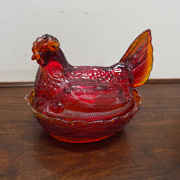 Vintage Amberina Glass Hen on Nest