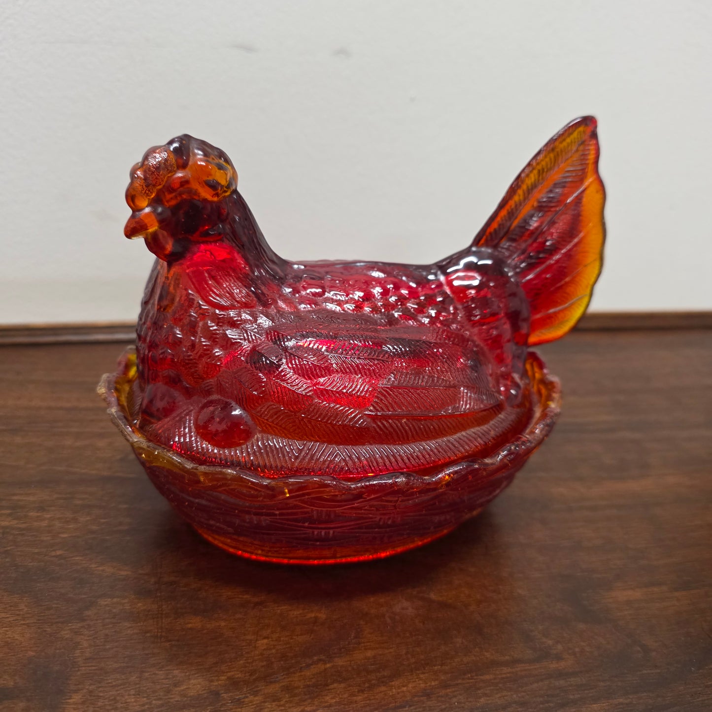 Vintage Amberina Glass Hen on Nest