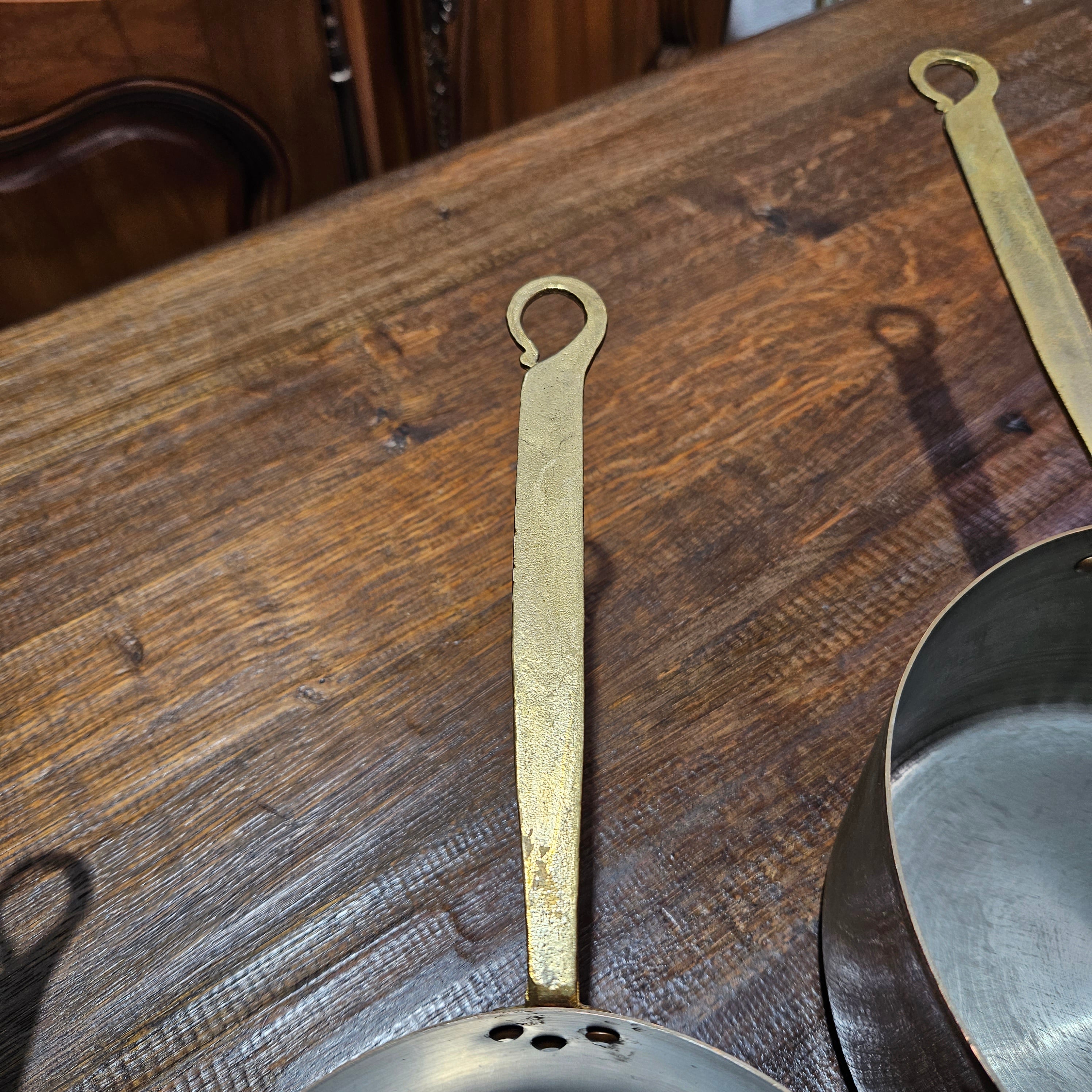 Set of Five French Copper Saucepans With Pouring Spout