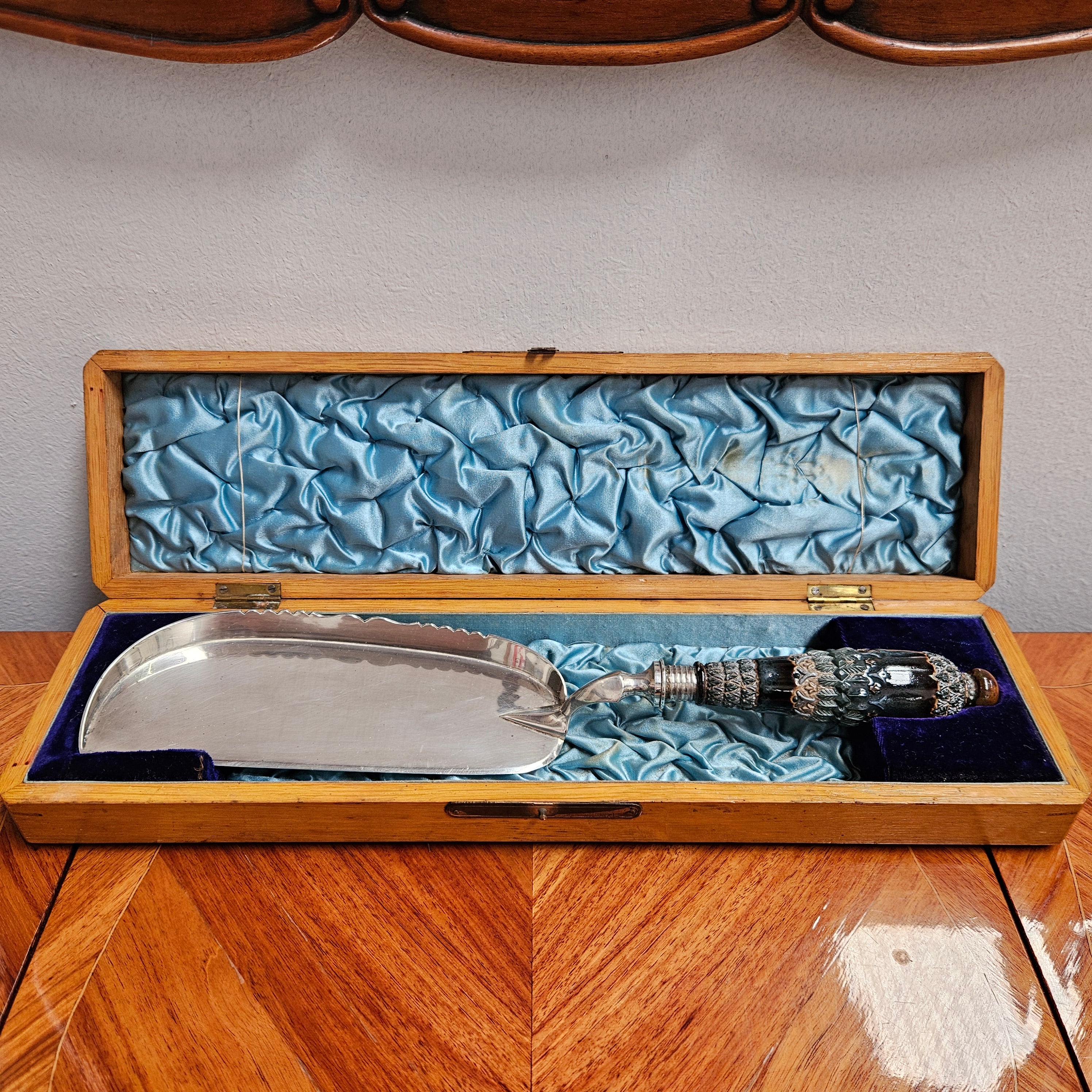 Edwardian Stoneware & Silver Plate Crumb Scoop In Original Box | Antique & Vintage | Moonee Ponds Antiques | Australia Wide Delivery