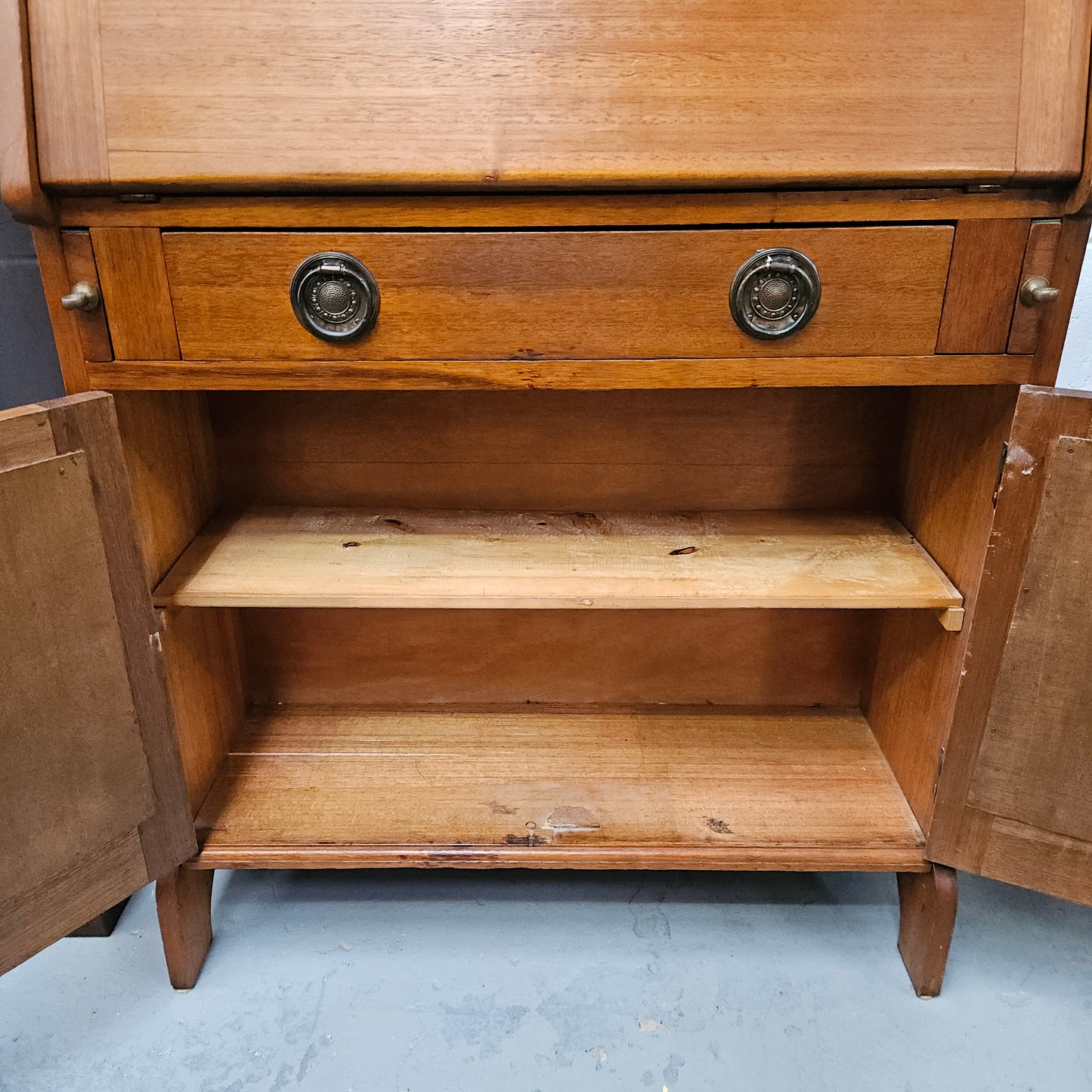 Australian blackwood Arts and Crafts secretaire desk. Sourced locally and in good original detailed condition. 