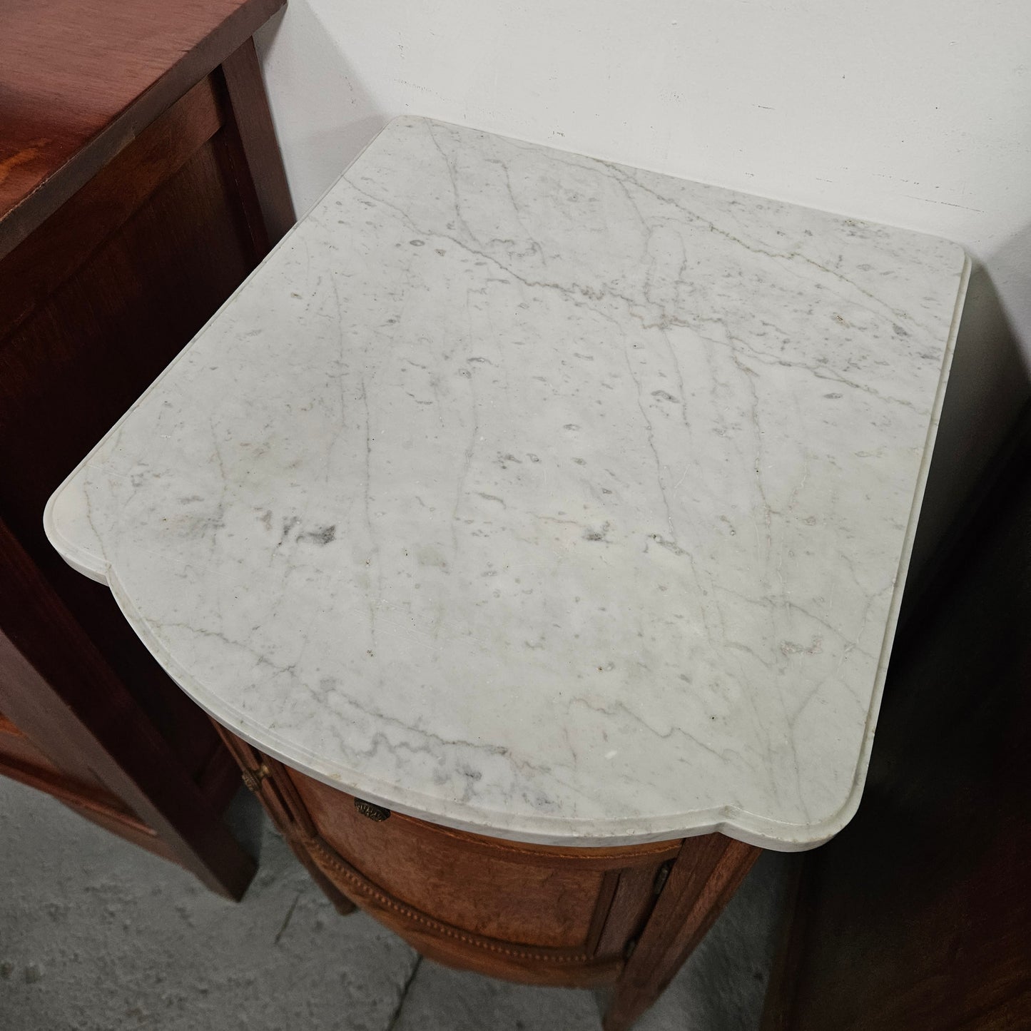 French Figured Burr Walnut & Oak Marble Top Bedside Cabinet