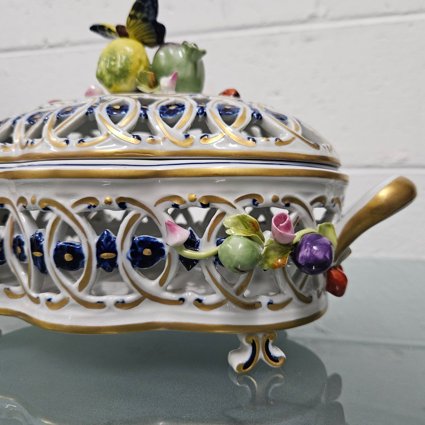 Vintage Servre Style Potpourri Holder With Fruit & Insects