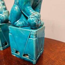 Pair of Vintage Chinese Turquoise Glazed Guardian Foo Dogs