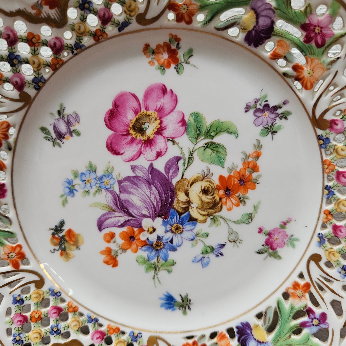 Pair Schumann Dresden Reticulated Hand Painted Plates