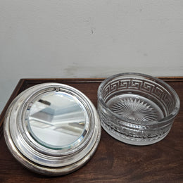 Unusual Victorian Vanity Glass Container with "Greek Key Pattern to Base" with a Silver Lid & Internal Mirror