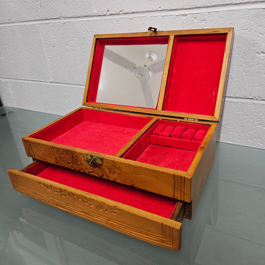 Vintage Chinese Maple Jewellery Box With Hand Carvings