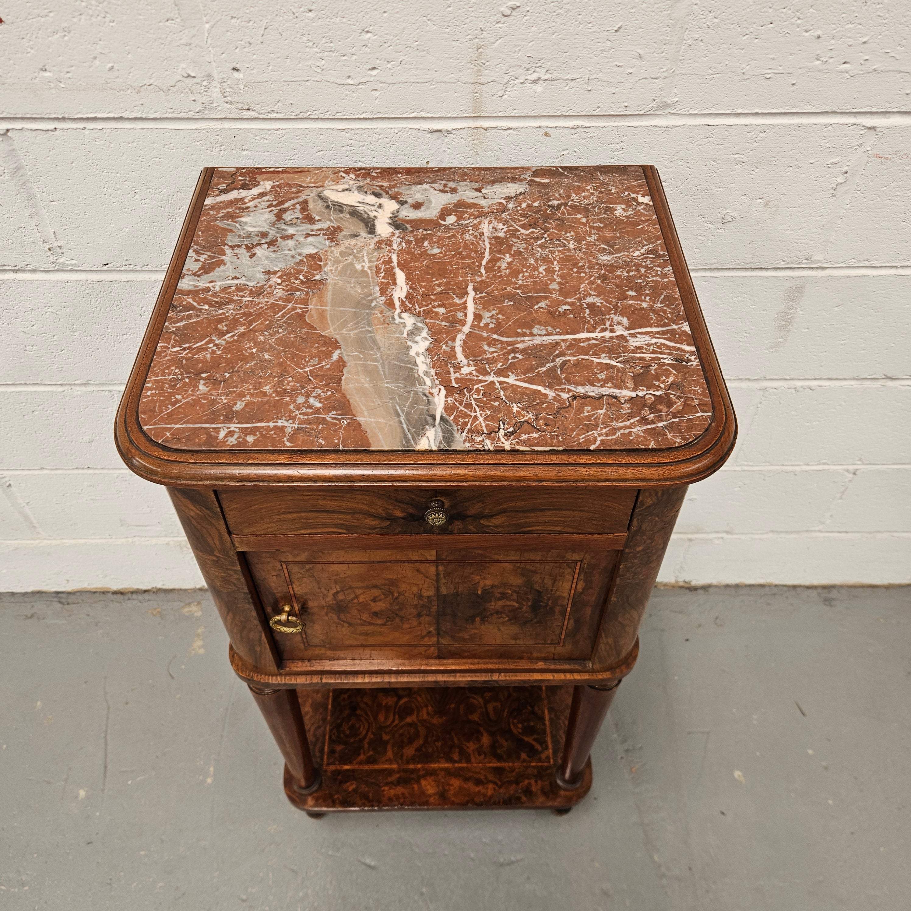 French Figured Walnut Marble Top Bedside