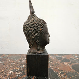 Antique Bronze Buddha Head On Plinth