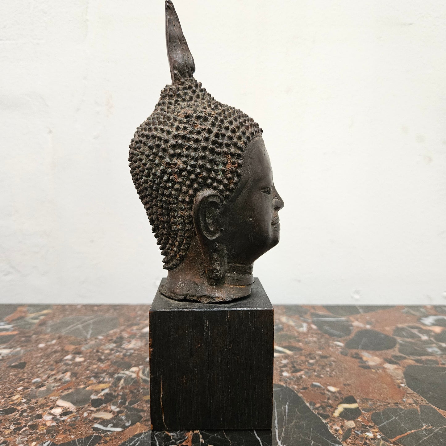 Antique Bronze Buddha Head On Plinth